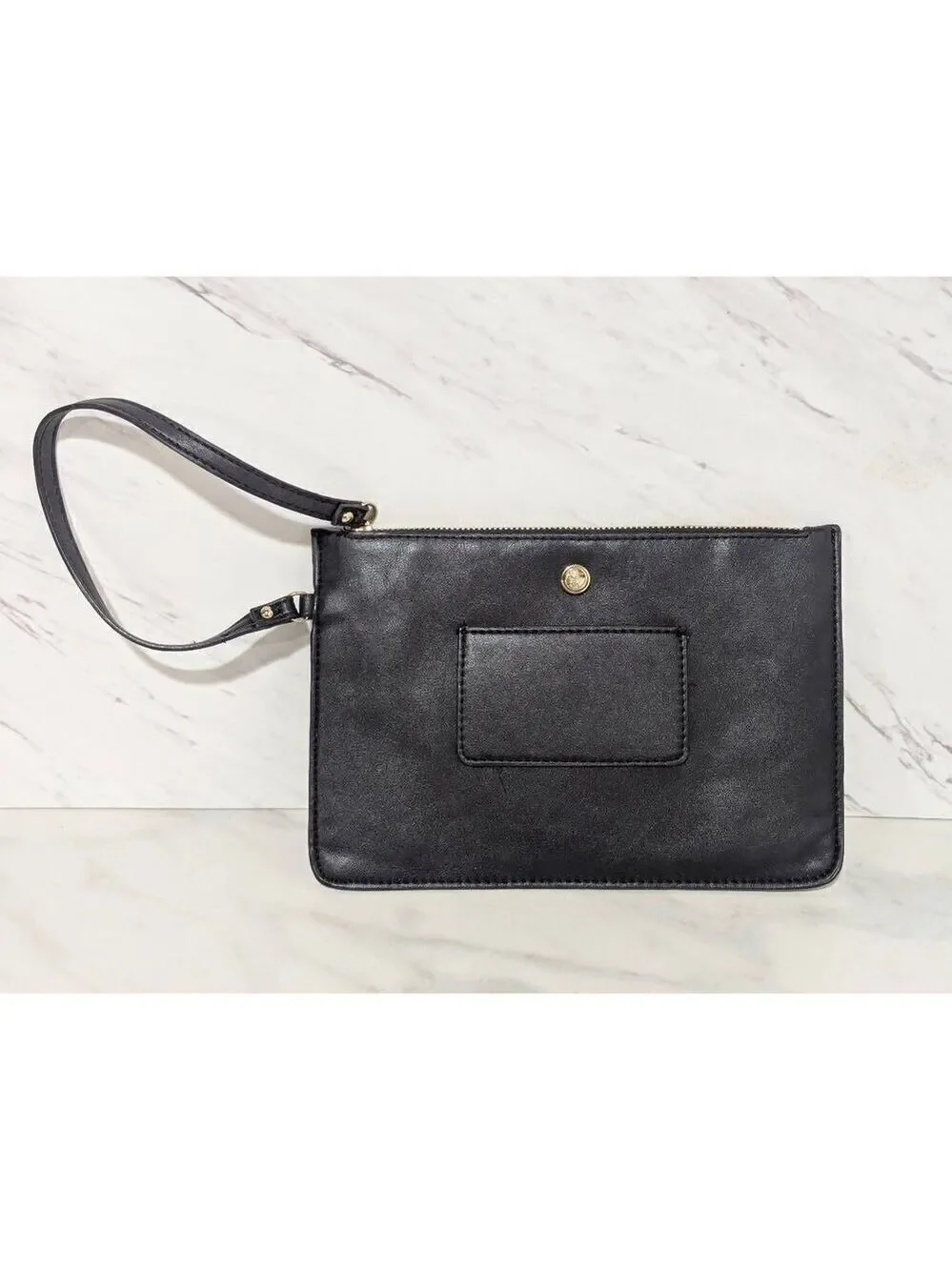 Nine West Women's Black Zip Top Vegan Leather Wrist Strap Exterior ID Pocket Pou